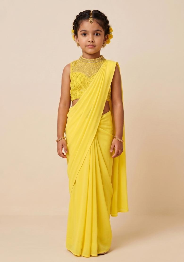 Yellow Sequin Embroidered Blouse Georgette Pre Draped Saree Set For Girls - Indya