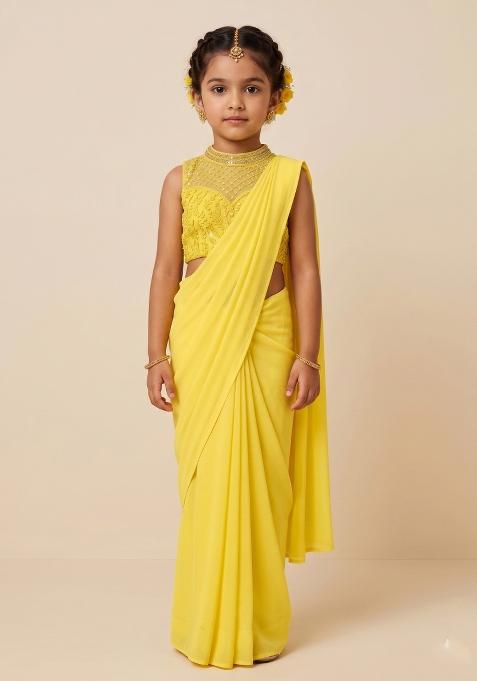 Yellow Sequin Embroidered Blouse Georgette Pre Draped Saree Set For Girls — view on Indya