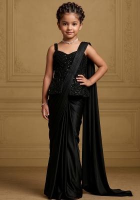 Black Embroidered Net Pre Draped Saree Set For Girls