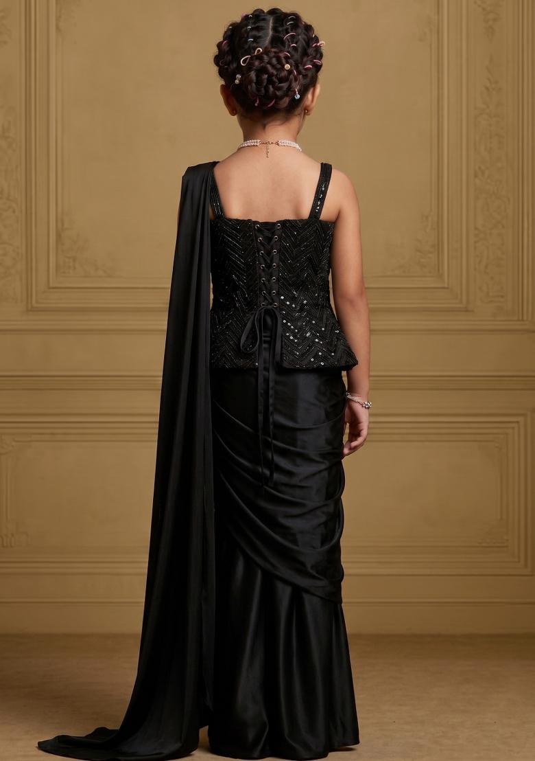 Black Embroidered Net Pre Draped Saree Set For Girls - Indya