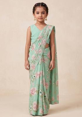 Green Floral Print Georgette Pre Draped Saree Set For Girls