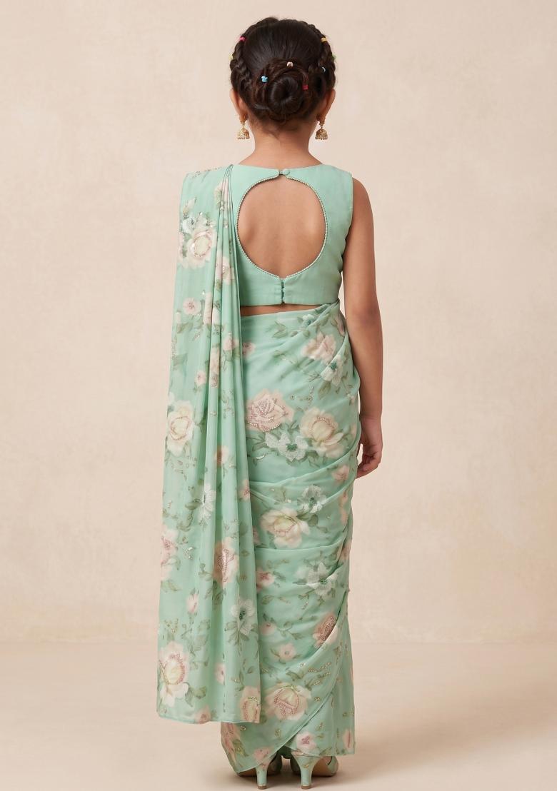 Green Floral Print Georgette Pre Draped Saree Set For Girls - Indya