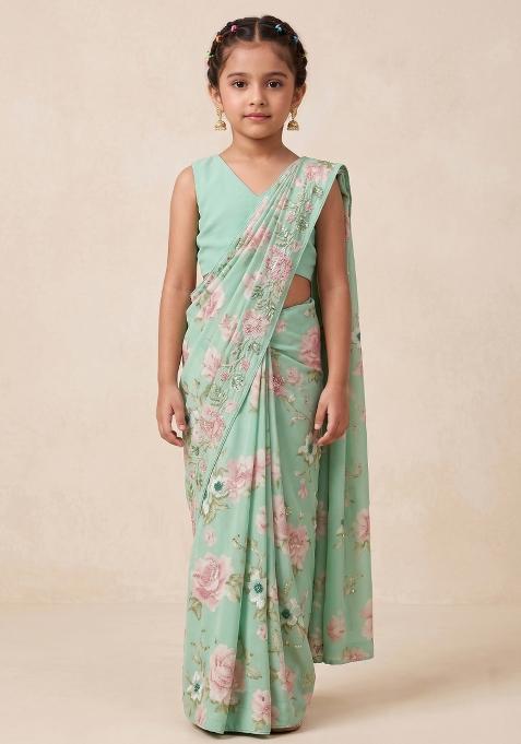 Green Floral Print Georgette Pre Draped Saree Set For Girls