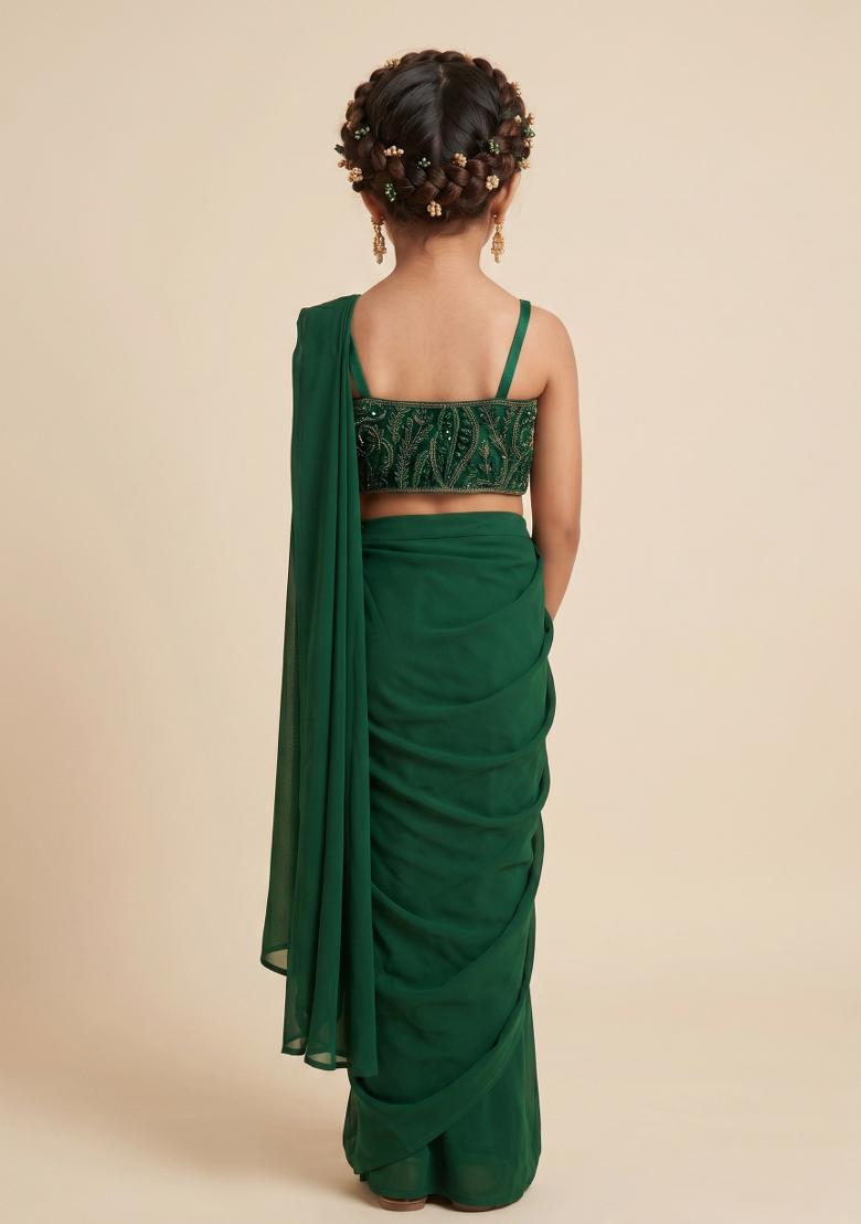 Green Sequins Embroidery Net Pre Draped Saree Set For Girls - Indya