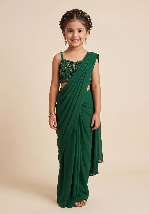 Green Sequins Embroidery Net Pre Draped Saree Set For Girls
