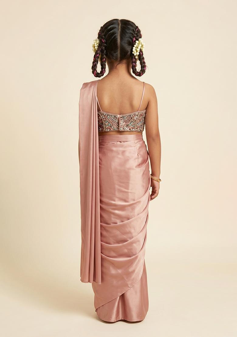 Pink Sequins Embroidery Net Pre Draped Saree Set For Girls - Indya