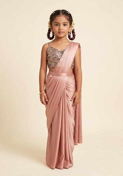 Pink Sequins Embroidery Net Pre Draped Saree Set For Girls