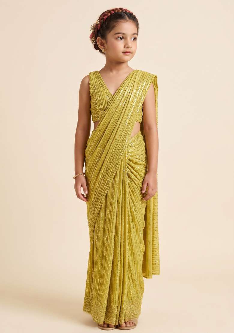 Yellow Sequins Embroidery Net Pre Draped Saree Set For Girls - Indya