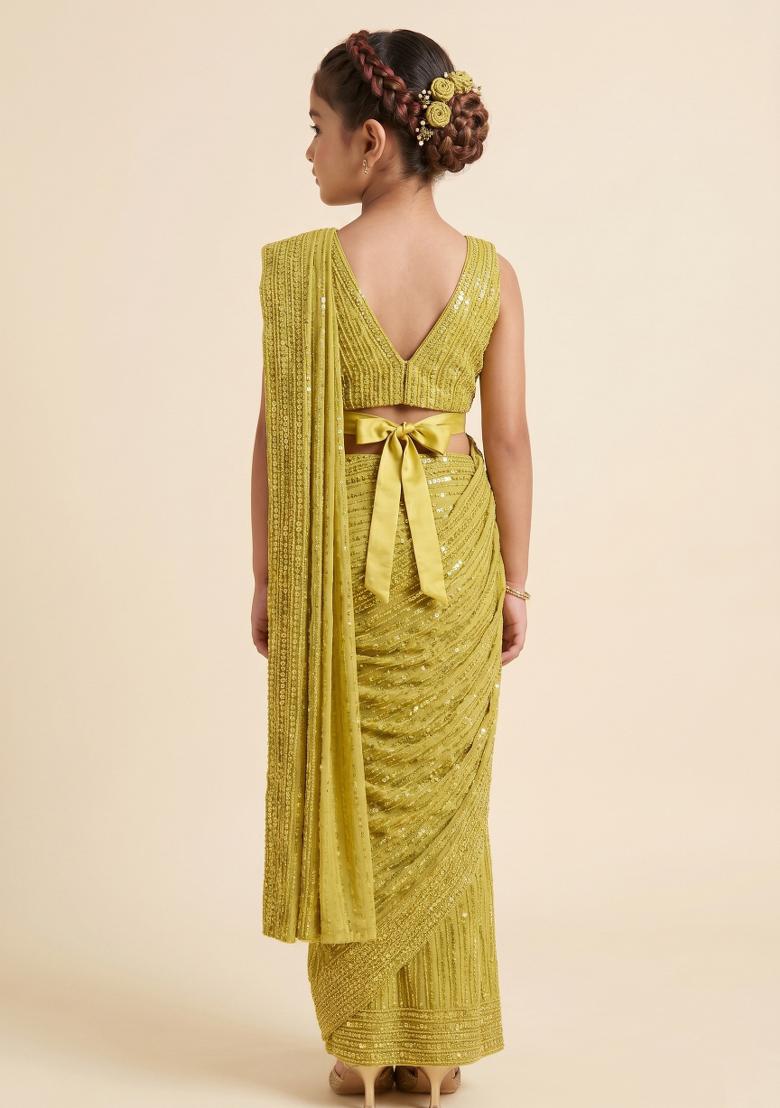 Yellow Sequins Embroidery Net Pre Draped Saree Set For Girls - Indya