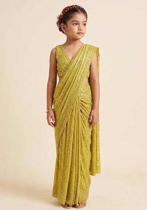 Yellow Sequins Embroidery Net Pre Draped Saree Set For Girls