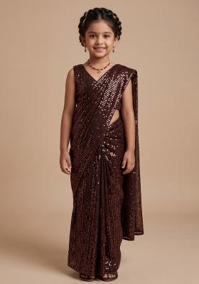 Brown Sequins Embroidery Net Pre Draped Saree Set For Girls