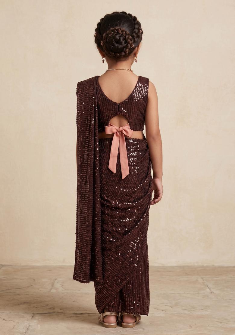 Brown Sequins Embroidery Net Pre Draped Saree Set For Girls - Indya