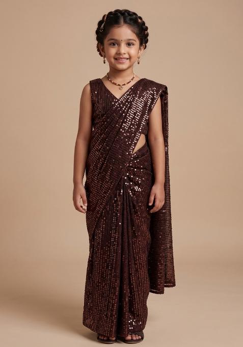 Brown Sequins Embroidery Net Pre Draped Saree Set For Girls