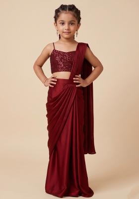 Red Sequin Net Pre Draped Saree Set For Girls