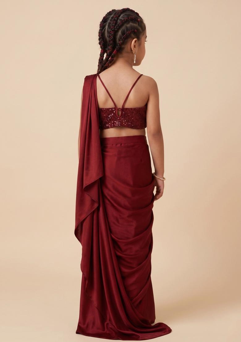 Red Sequin Net Pre Draped Saree Set For Girls - Indya