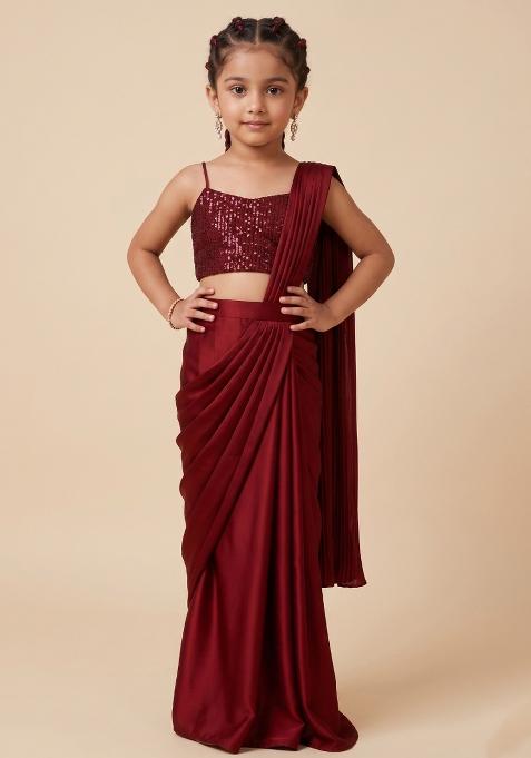 Red Sequin Net Pre Draped Saree Set For Girls — view on Indya