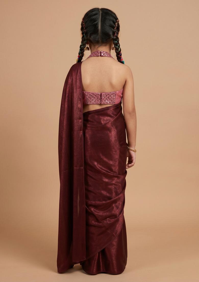 Red Sequin Lurex Pre Draped Saree Set For Girls - Indya