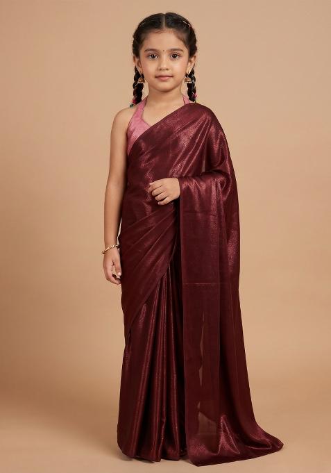 Red Sequin Lurex Pre Draped Saree Set For Girls — view on Indya