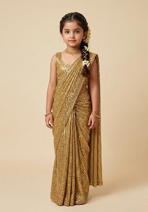 Gold Sequin Net Pre Draped Saree Set For Girls