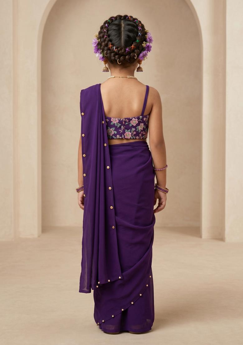 Purple Embroidery Blouse Crepe Pre Draped Saree Set For Girls - Indya
