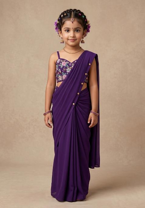 Purple Embroidery Blouse Crepe Pre Draped Saree Set For Girls