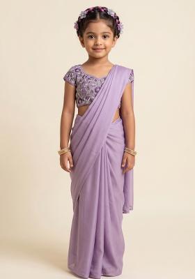 Purple Embroidery Net Pre Draped Saree Set For Girls