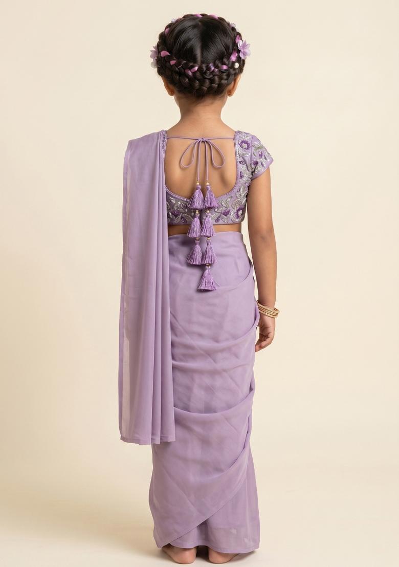 Purple Embroidery Net Pre Draped Saree Set For Girls - Indya