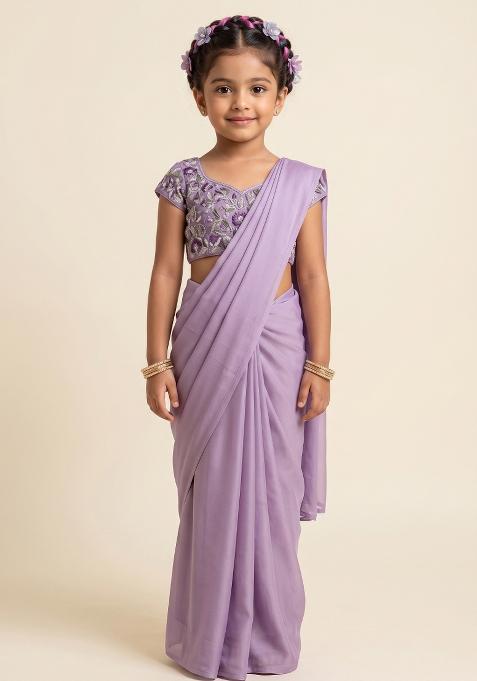 Purple Embroidery Net Pre Draped Saree Set For Girls