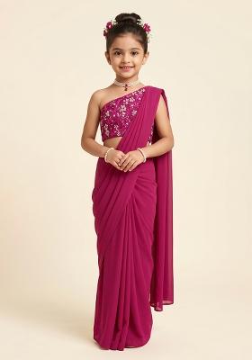 Fuchsia Pink Net Solid Pre Draped Saree Set With Embroidery Blouse For Girls