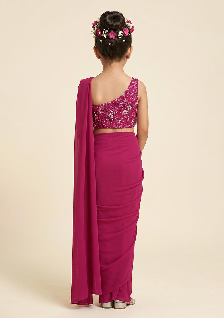 Fuchsia Pink Net Solid Pre Draped Saree Set With Embroidery Blouse For Girls - Indya