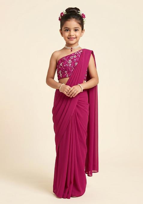 Fuchsia Pink Net Solid Pre Draped Saree Set With Embroidery Blouse For Girls