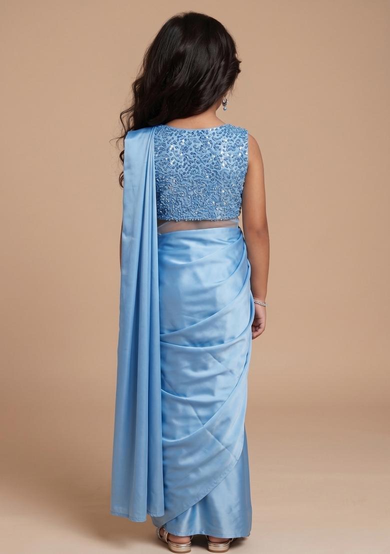 Powder Blue Solid Net Pre Draped Saree With Sequin Blouse For Girls - Indya