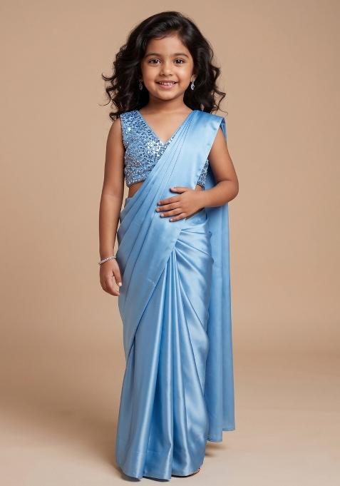Powder Blue Solid Net Pre Draped Saree With Sequin Blouse For Girls — view on Indya
