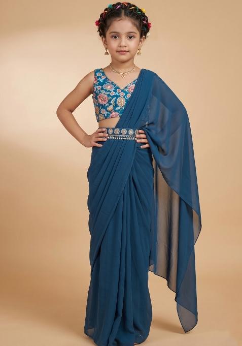 Dark Blue Floral Print Crepe Pre Drapped Saree Set For Girls