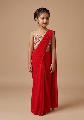 Red Crepe Pre Draped Saree Set With Floral Printed Blouse For Girls
