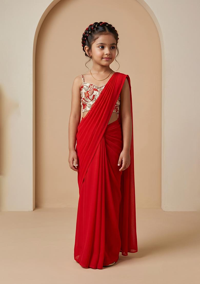 Red Crepe Pre Draped Saree Set With Floral Printed Blouse For Girls - Indya