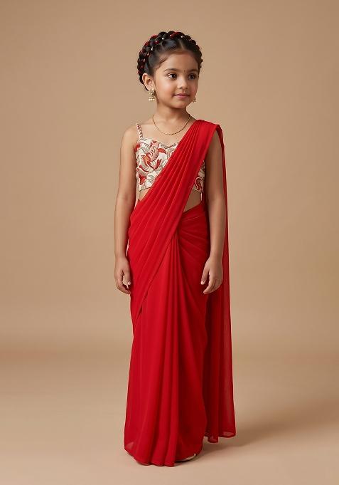 Red Crepe Pre Draped Saree Set With Floral Printed Blouse For Girls