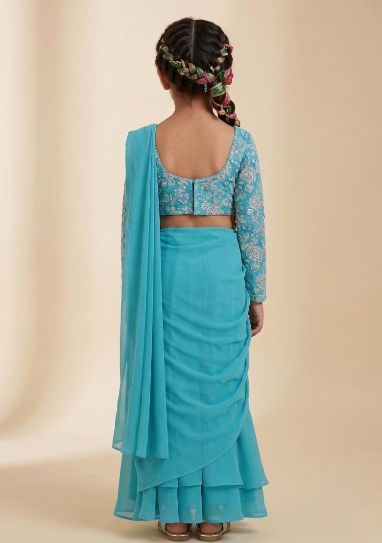 Aqua Teal Tissue Pre Draped Saree Set With Embroidered Blouse For Girls - Indya