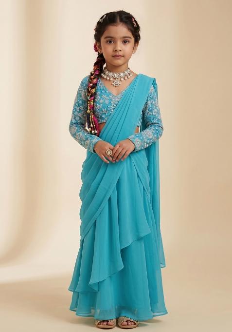 Aqua Teal Tissue Pre Draped Saree Set With Embroidered Blouse For Girls — view on Indya