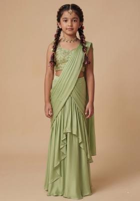 Lime Green Embellished Crepe Pre Draped Saree Set For Girls