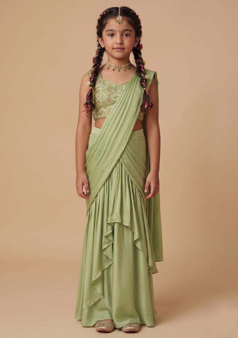 Lime Green Embellished Crepe Pre Draped Saree Set For Girls - Indya