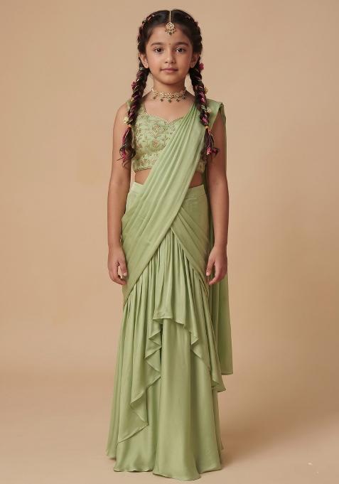Lime Green Embellished Crepe Pre Draped Saree Set For Girls