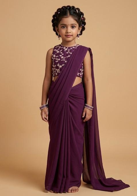 Purple Embroidered Crepe Lehenga Set For Girls