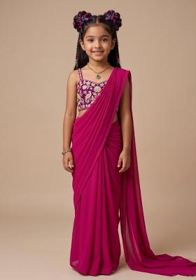 Rani Pink Brocade Pre Draped Saree Set For Girls