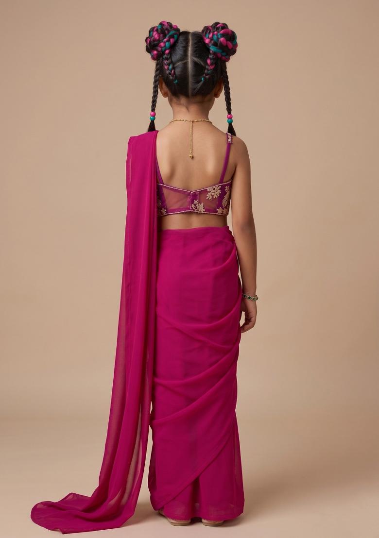 Rani Pink Brocade Pre Draped Saree Set For Girls - Indya