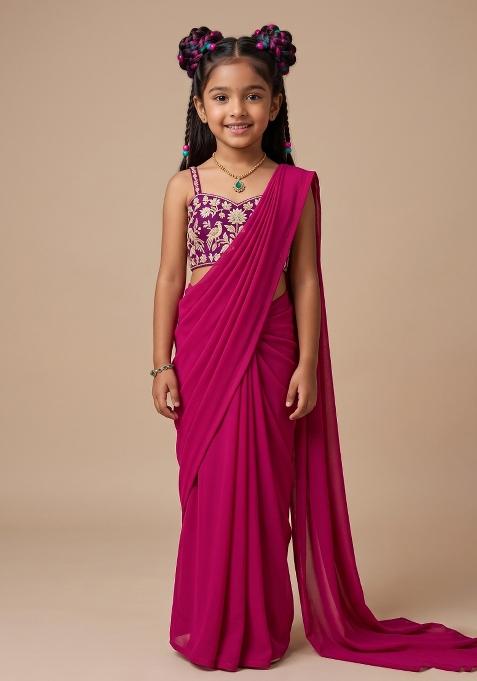 Rani Pink Brocade Pre Draped Saree Set For Girls