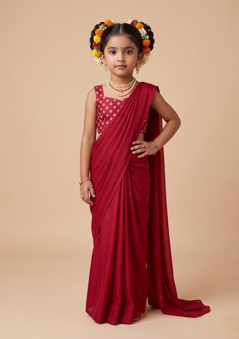 Red Embroidered Chinon Pre Draped Saree Set For Girls - Indya