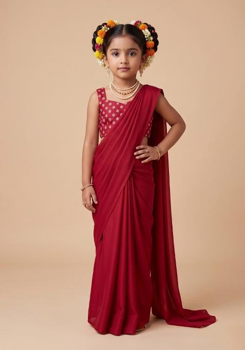 Red Embroidered Chinon Pre Draped Saree Set For Girls
