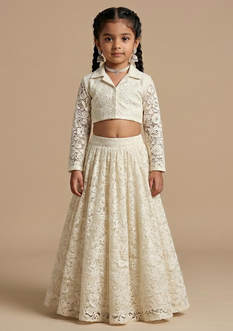 White Embroidered Georgette Pre Draped Saree Set For Girls - Indya