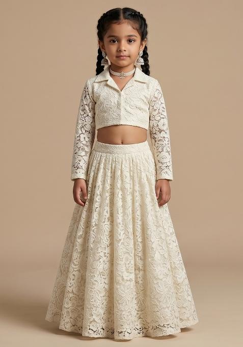 White Embroidered Georgette Pre Draped Saree Set For Girls